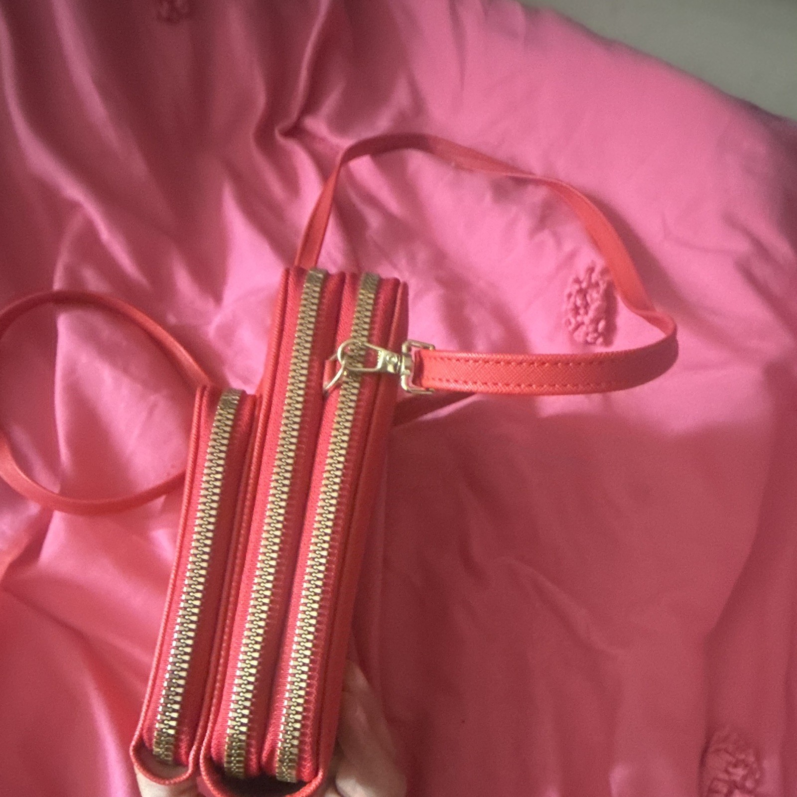 Orange Crossbody Phone Wallet Mini Bag, Detachable Strap, Double Zip, Gold