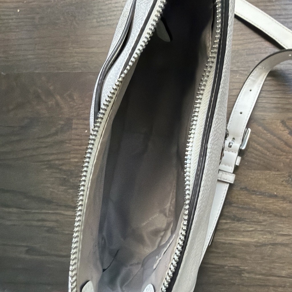 Michael Kors Beige Monogram Small Shoulder Bag Zip Silver Hardware Adjustable