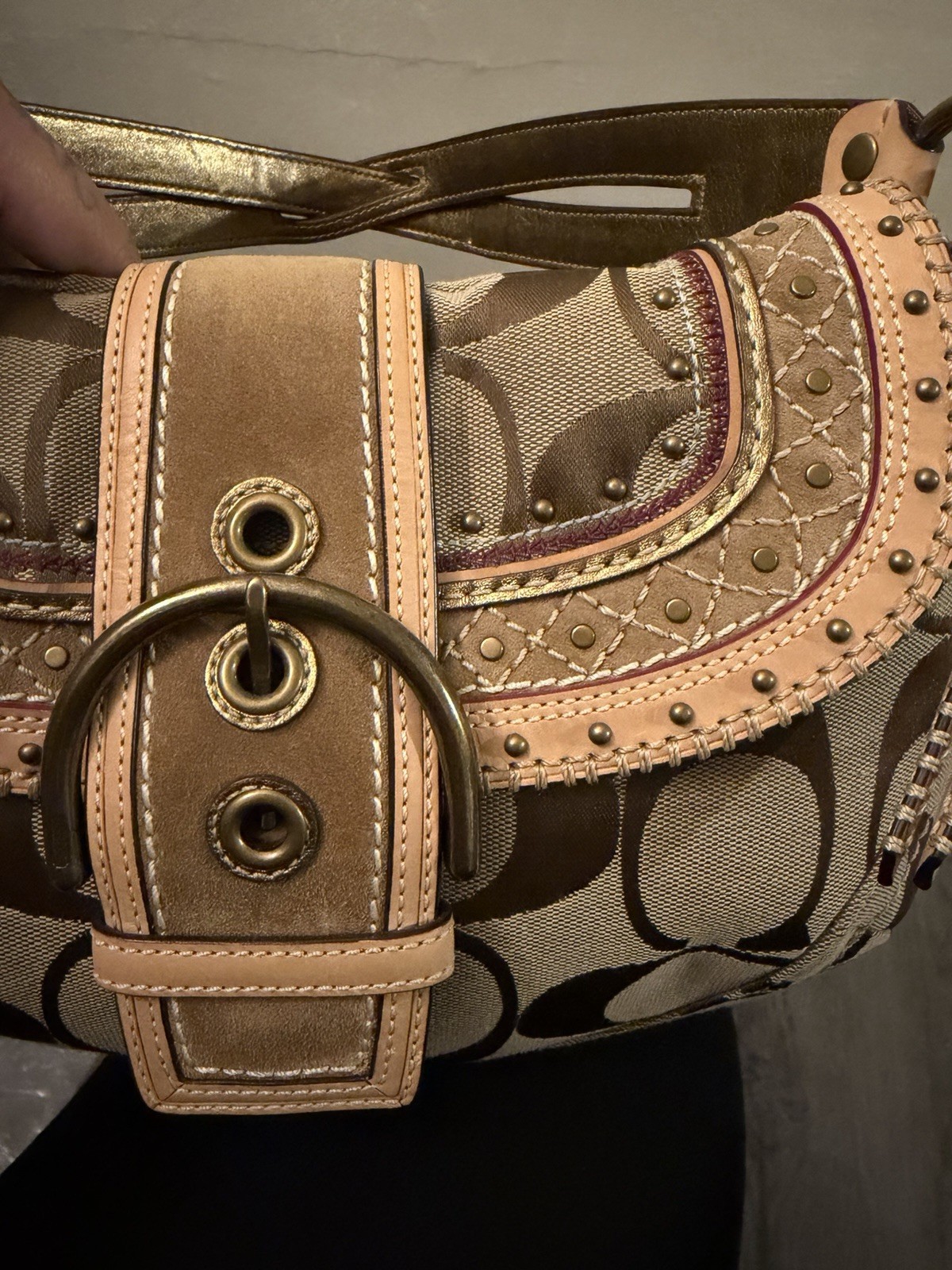 Y2K Coach Signature Soho Small Shoulder Bag Brown/Beige Buckle Studs Charm