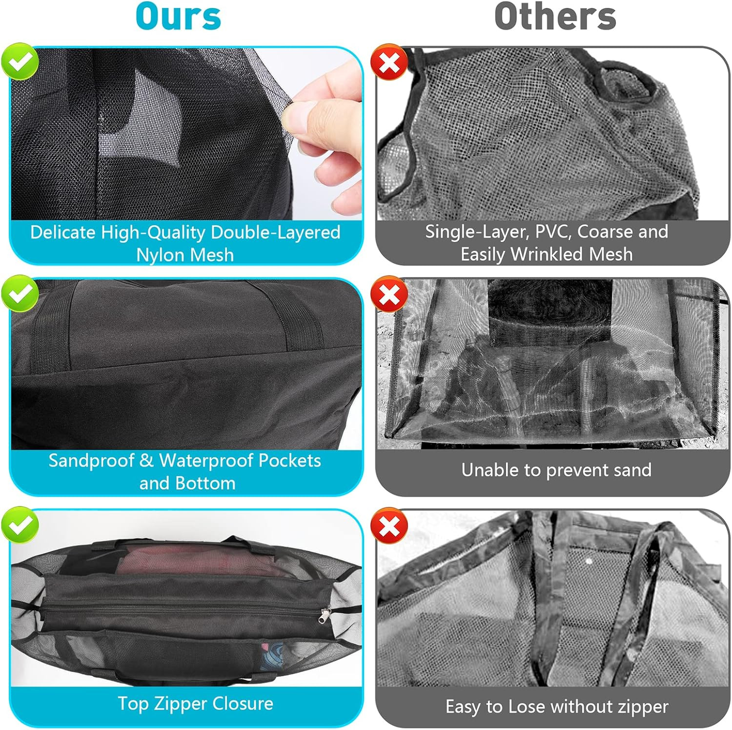 Mesh Beach Bag – Large Waterproof Beach Tote Bag with Zipper, Oversized Foldable