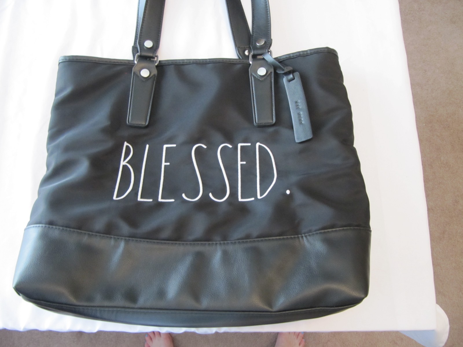 Rae Dunn “Blessed” black zippered Nylon and Faux Leather tote bag For Women