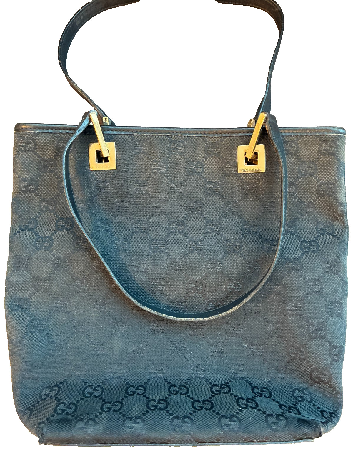 Gucci GG Black Denim Tote Bag with Open Top and Gold Detail Plus Leather Trim