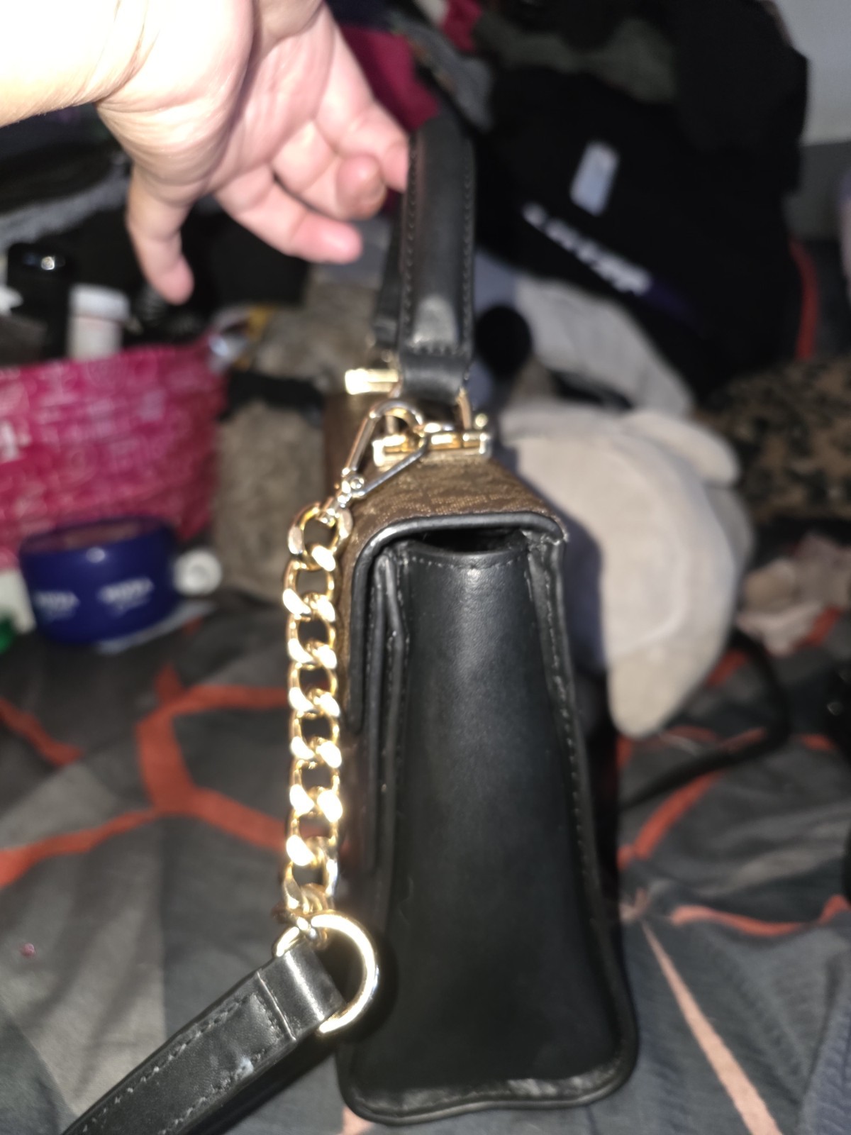 Michael Kors Logo Brown/Black Small Satchel Top Handle Push Lock Gold Chain