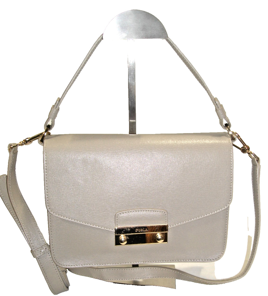 Furla Stunning Taupe Gray Saffiano Leather 2 Strap Shoulder Bag Near MINT!