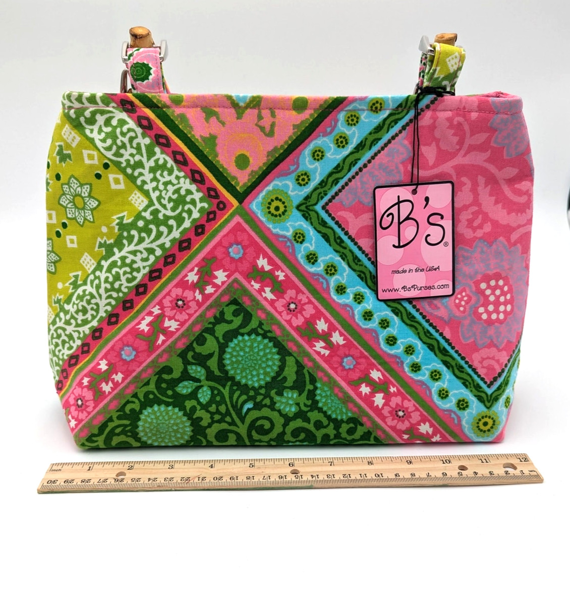B’s Designer Purse -Colorful Patchwork Fabric Bag w/ Bamboo Handles NWT-USA Made