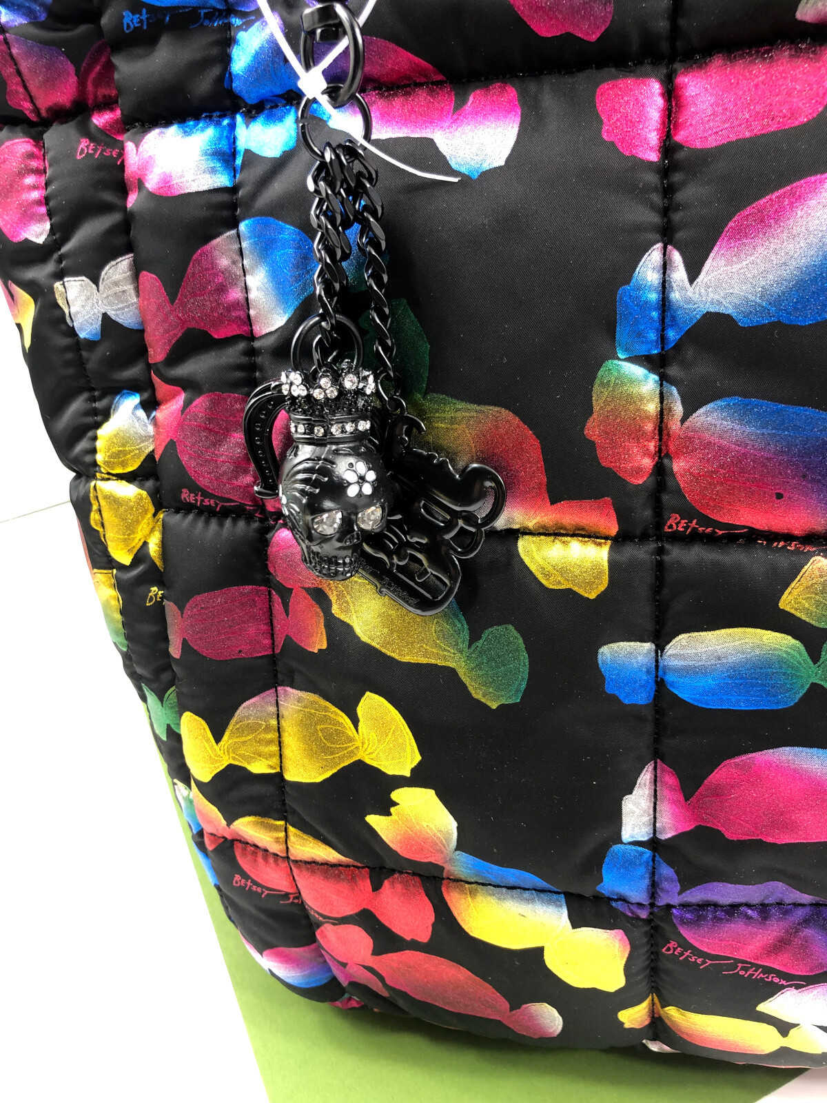 Betsey Johnson Puffy Posey Tote Black CANDY Neon Multi Bright Skull Tag NWT