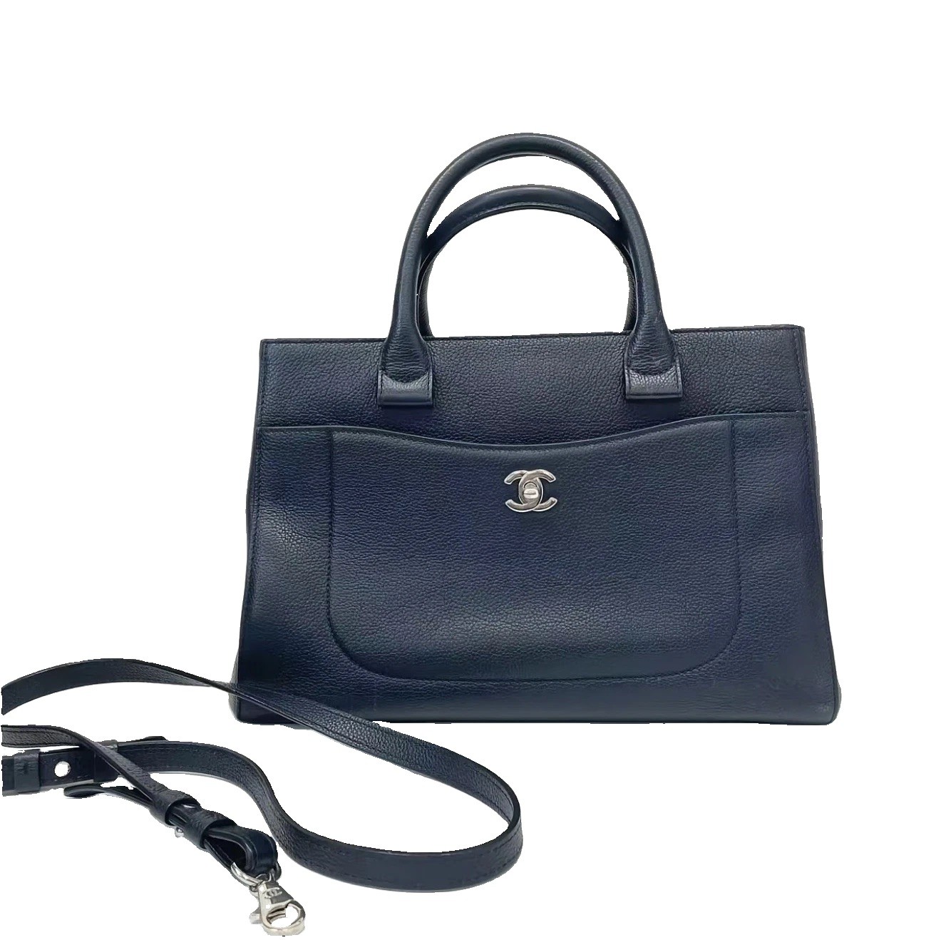 Authentic CHANEL Navy Blue Caviar Leather Top Handle Tote Shoulder Bag Silver CC