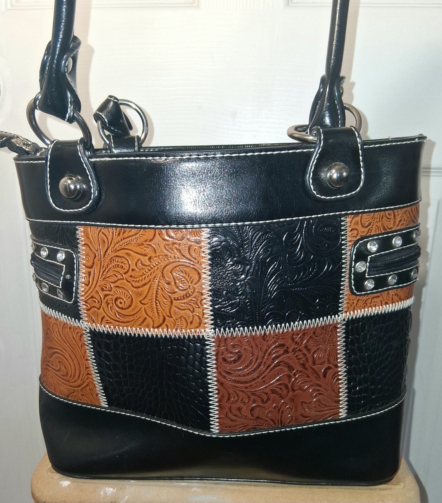 Y2K Western Patchwork Shoulder Bag Zebra Croc Textured Bling Buckle Purse Medium