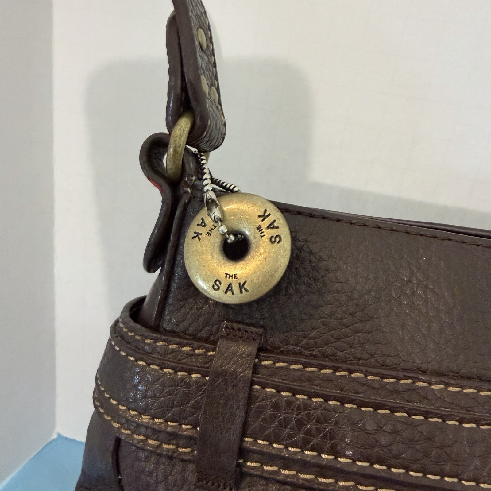 The Sak Brown Leather w/cream Stitching Small Shoulder Purse