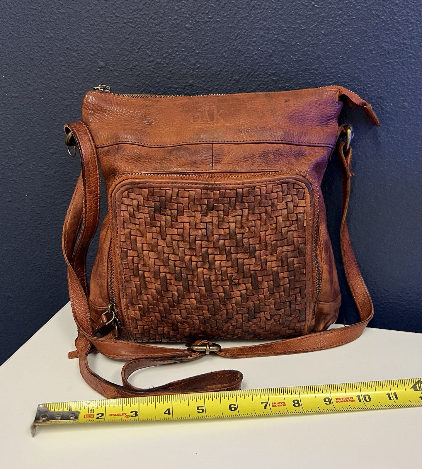 OAK Leathers Crossbody Bag Woven Front Adjustable Strap Brown Leather Purse Nice