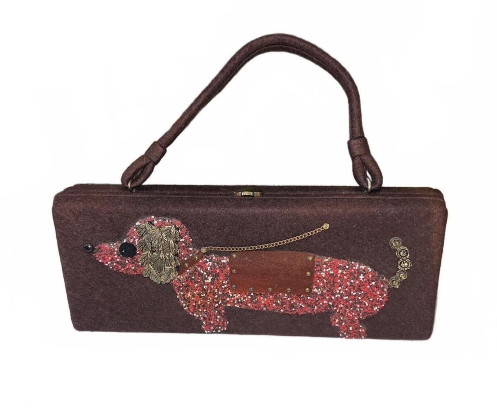 Vintage 60s Brown Dachshund Sequined Felt Purse Whimsical Coquette Boho Handbag