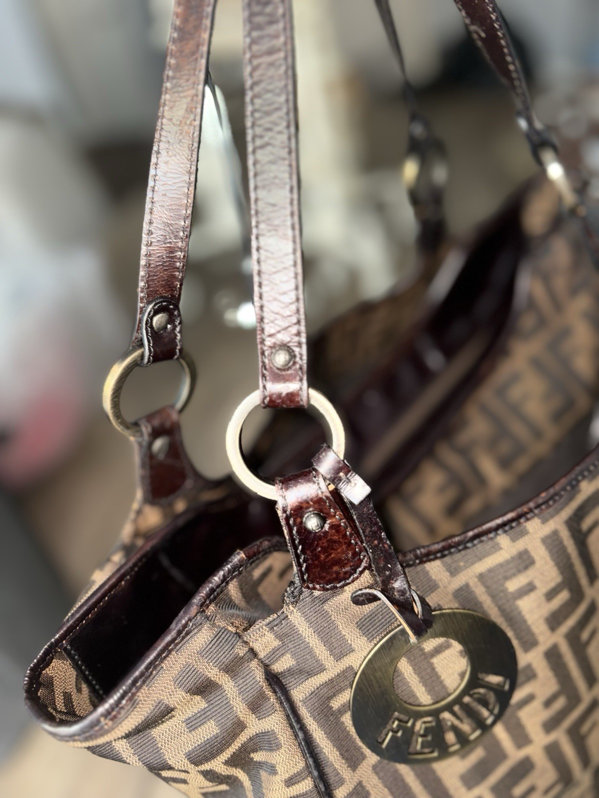 Fendi Zucca FF Monogram Brown Beige Zip Chef’s Tote w/ Charm, Pockets