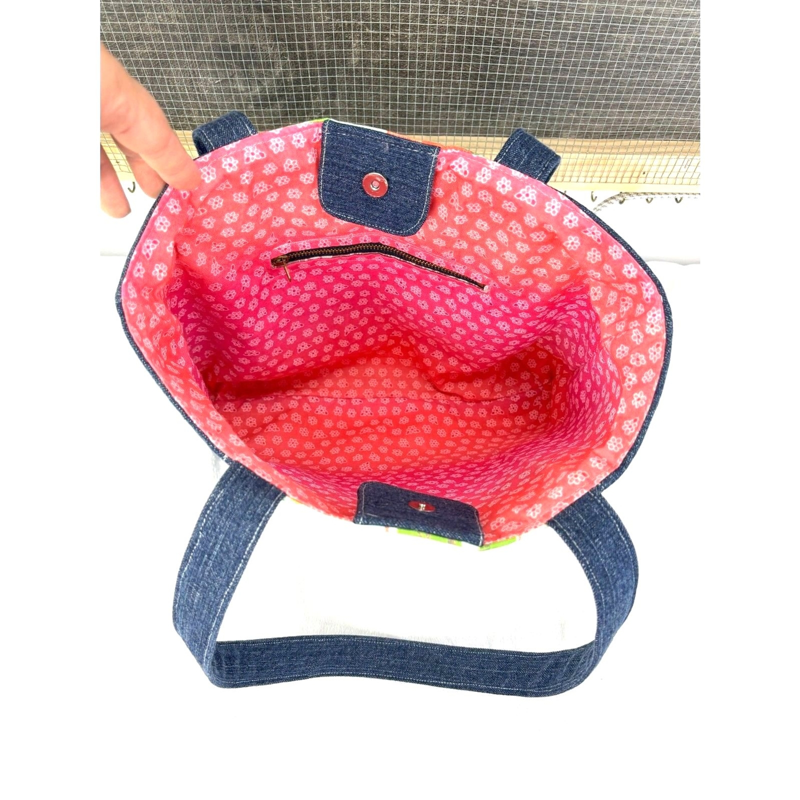 Handmade Upcycled Denim Tote Bag Lined with Cotton Fabric with Zipper Pocket