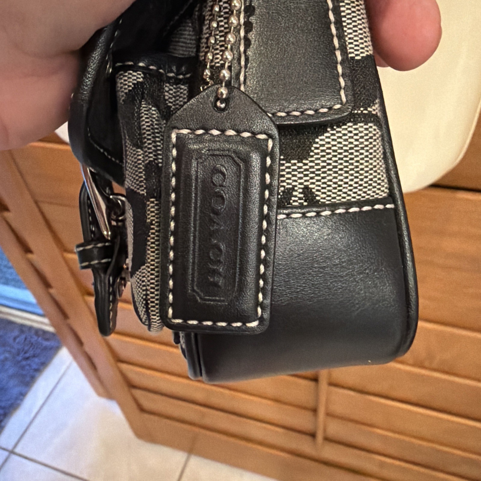 COACH Canvas Leather Mini Crossbody Pouch Signature C Logo Y2K Gray Black Auth