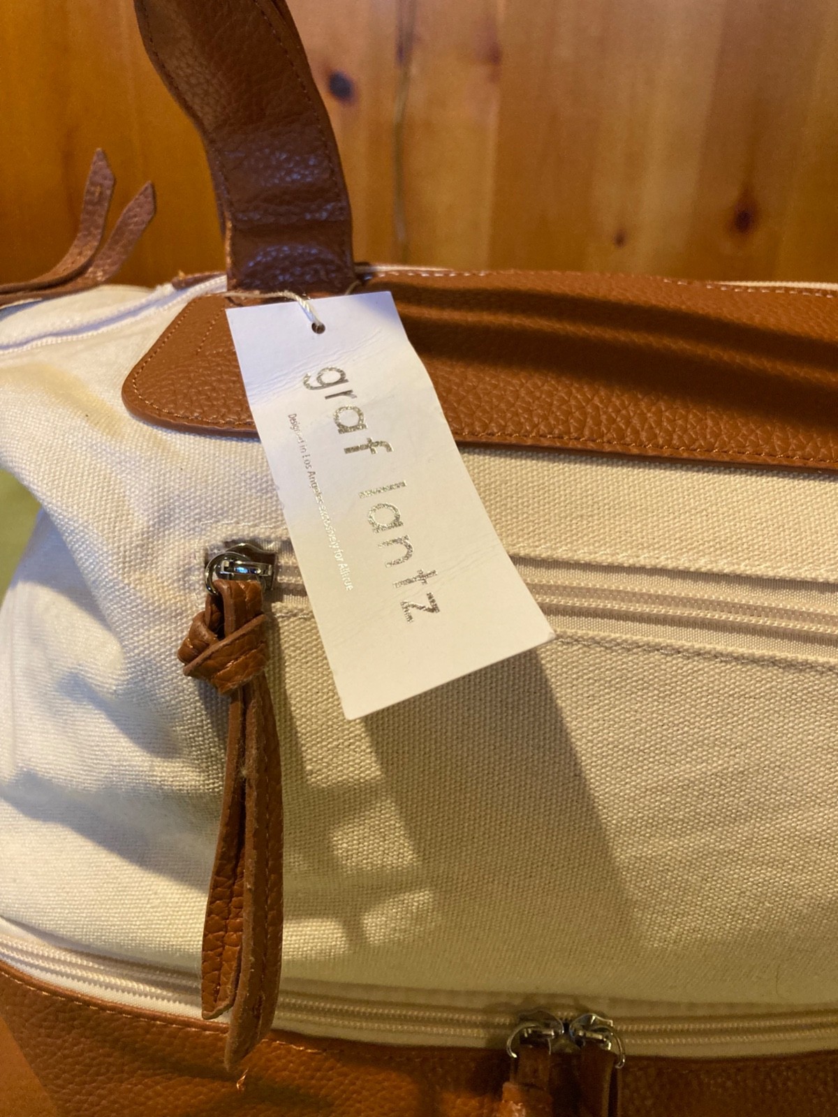 Graf Lantz Canvas & Leather Tote Bag | Cream Tan Carryall Crossbody Detach Strap