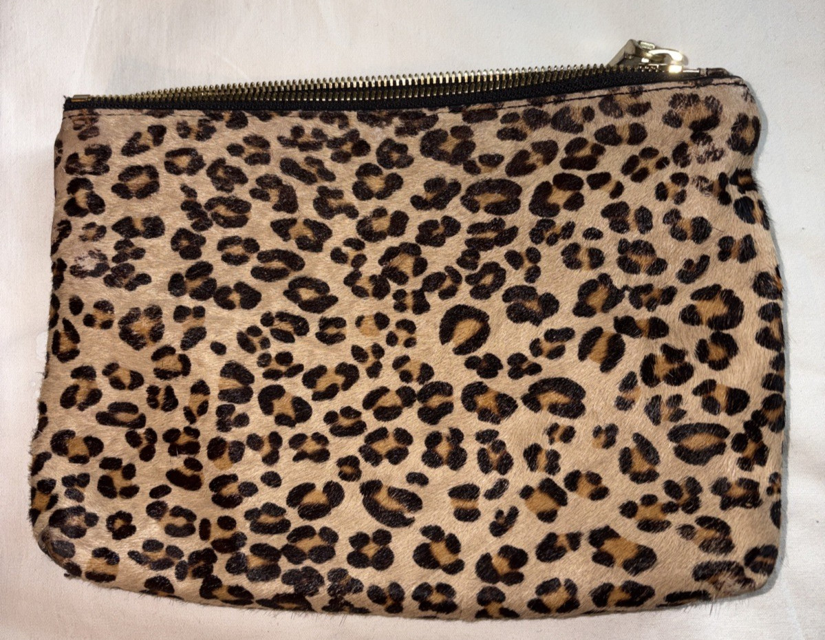 J.Crew Zip Makeup Clutch Pouch Leather Leopard Print Calf Hair 8.50″x5.50″
