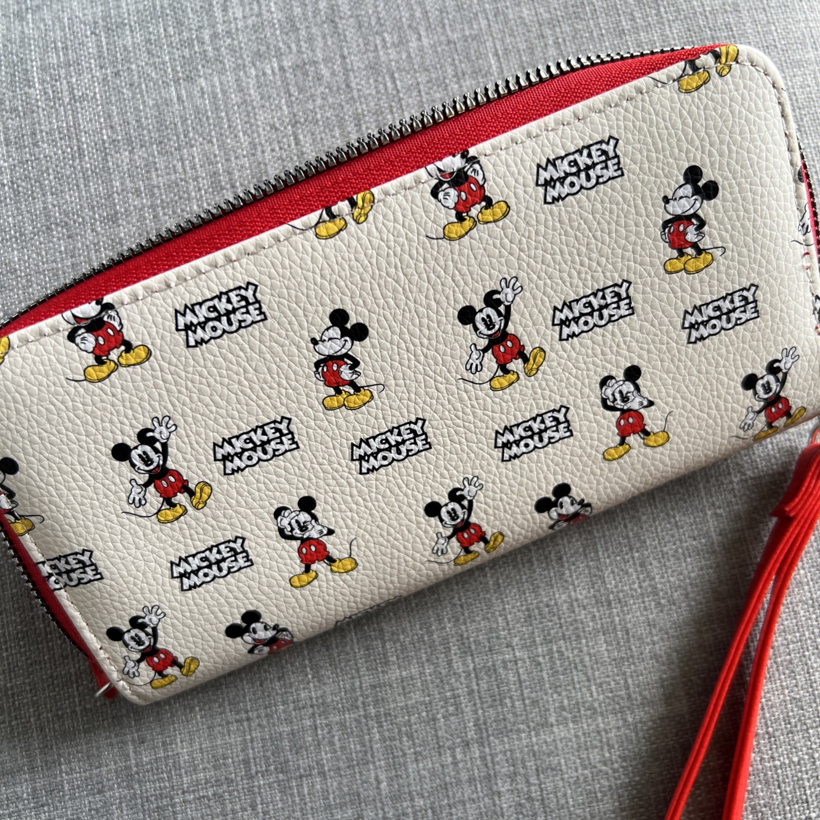 Disney Mickey Mouse Wallet White Red Black Strap Zip Closure