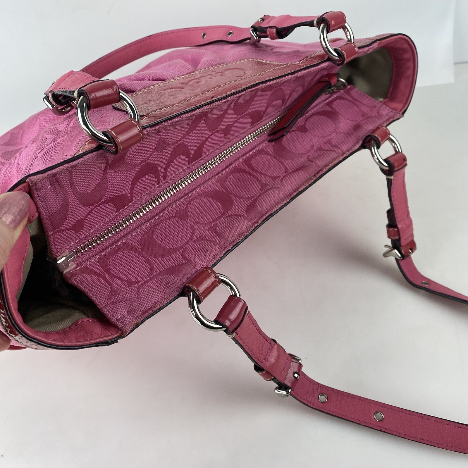 PINK COACH PURSE Hot Pink Signature C Logo Fabric Leather Handles Vintage