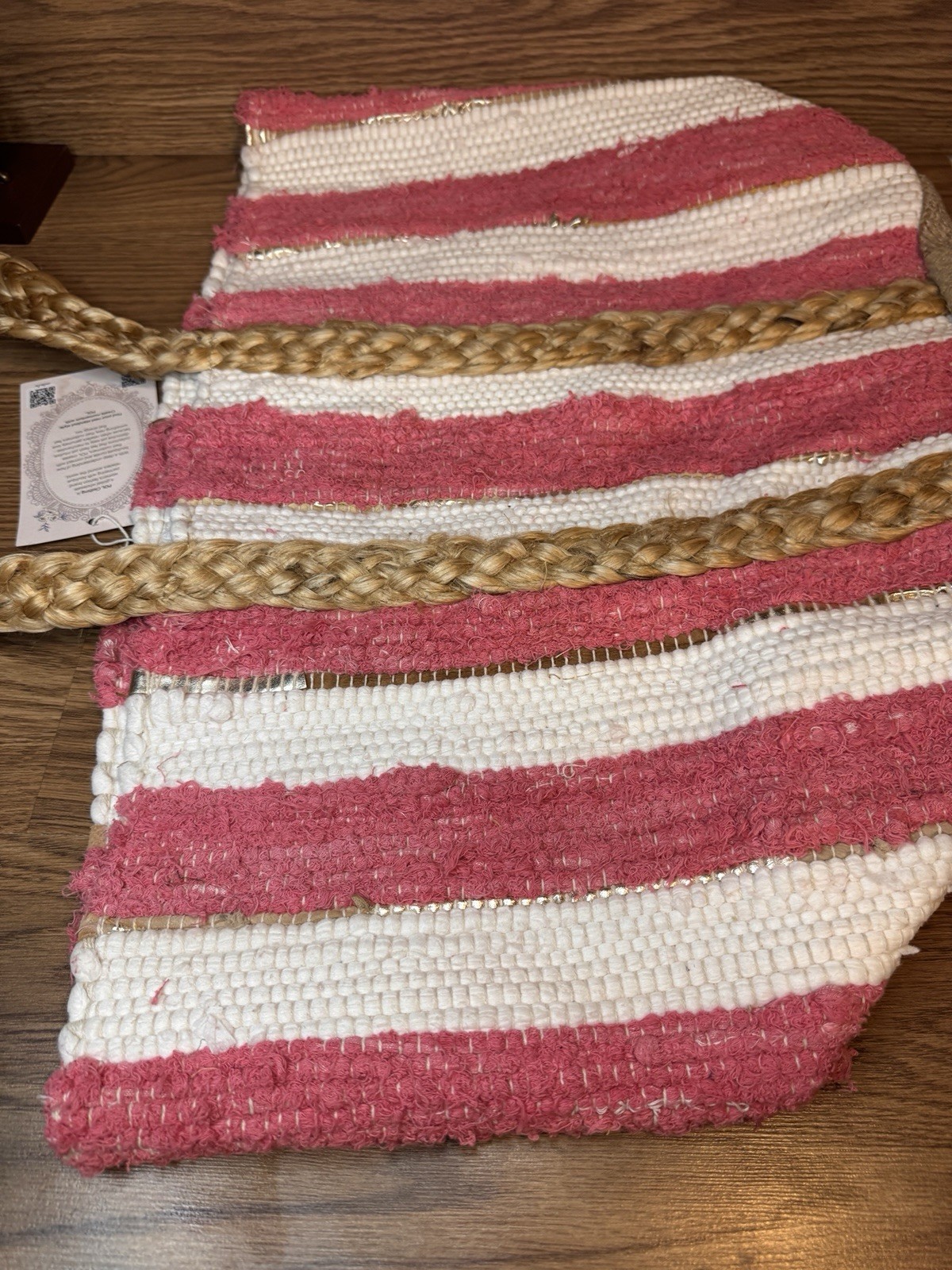POL Pink And White Striped XL Jute Beach Tote NWT