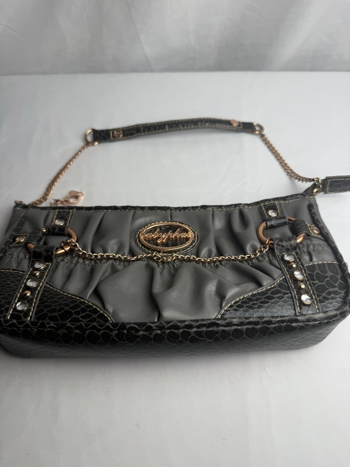 Y2K Baby Phat Faux Snakeskin Leather Shoulder Hand Bag Purse Rhinestone Black