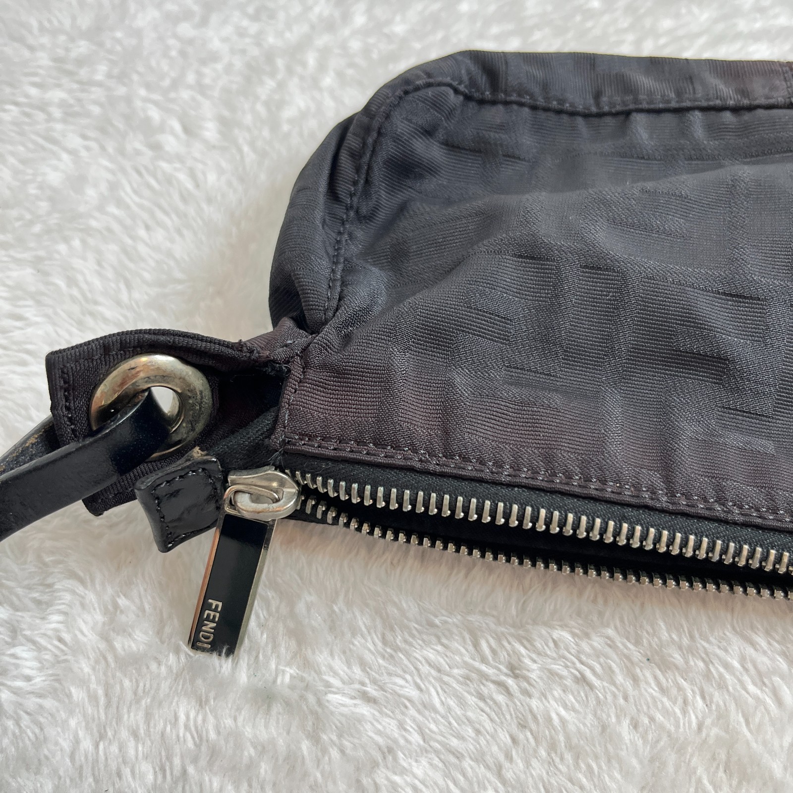 VTG Fendi FF Zucca Shoulder Handbag Monogram Black Fabric Baguette Pochette