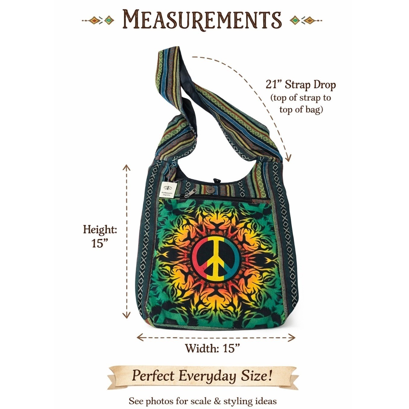 Kathmandu Imports Peace Sign Tiger Mandala Boho Cotton Crossbody Sling Bag Nepal