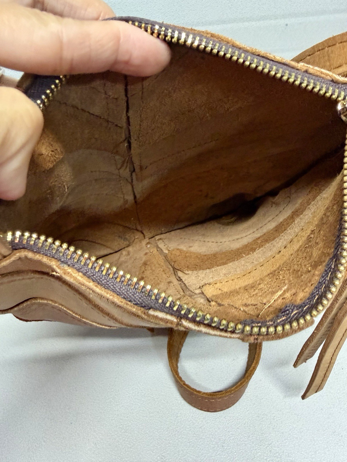 VINTAGE Genuine Leather Tasseled Zip Flat Tan Hippie Crossbody Bag