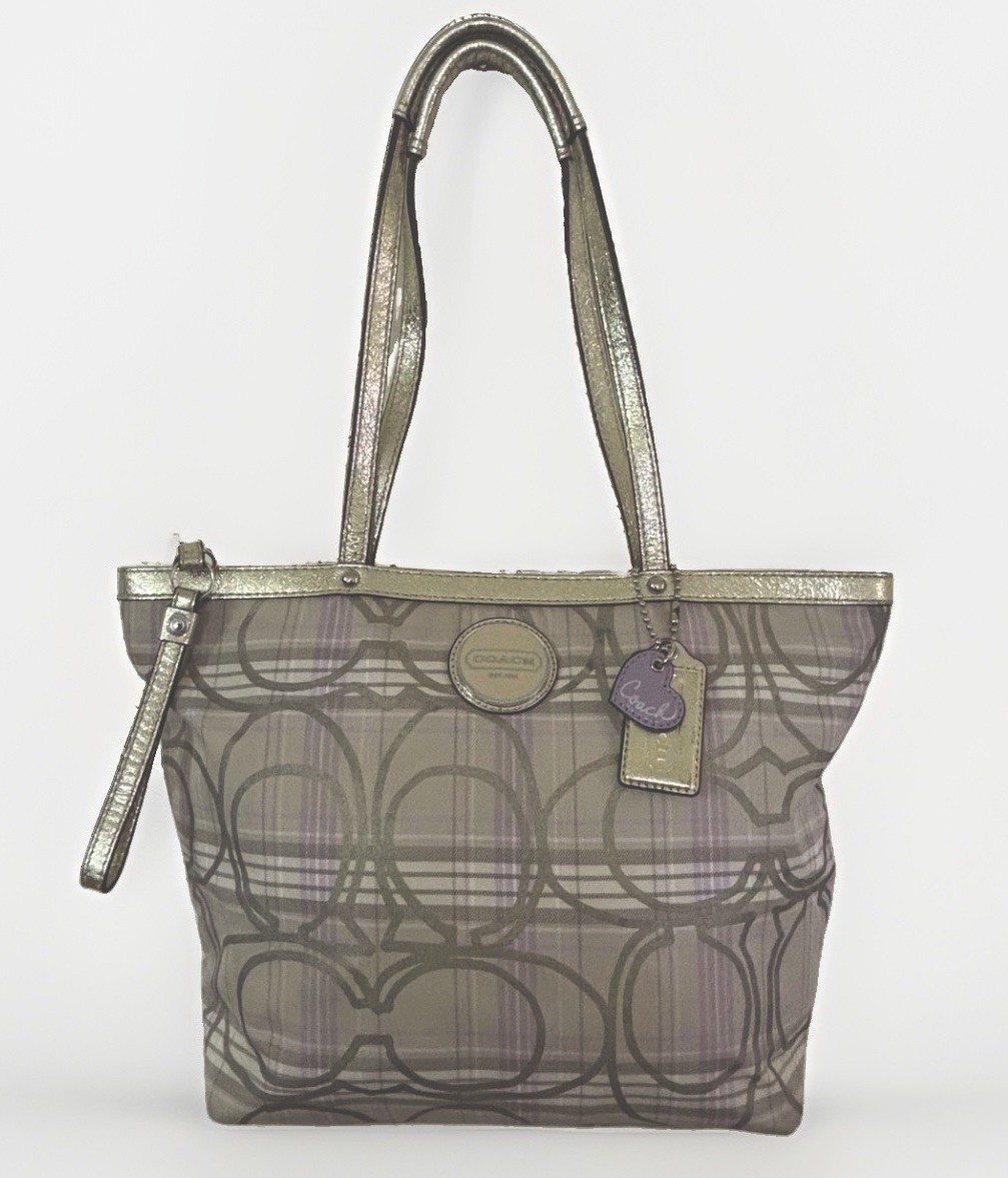 Coach F17474 Signature Tartan Plaid Tote Bag Multicolor Shoulder Purse