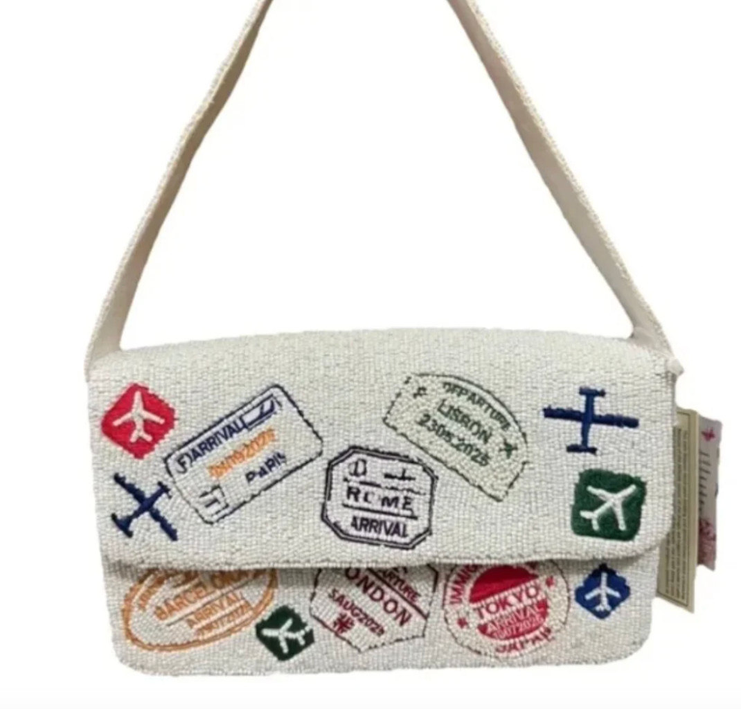 Handcrafted in India Beaded Bag Travel Passport Stamps Planes NWT Tik Tok Viral