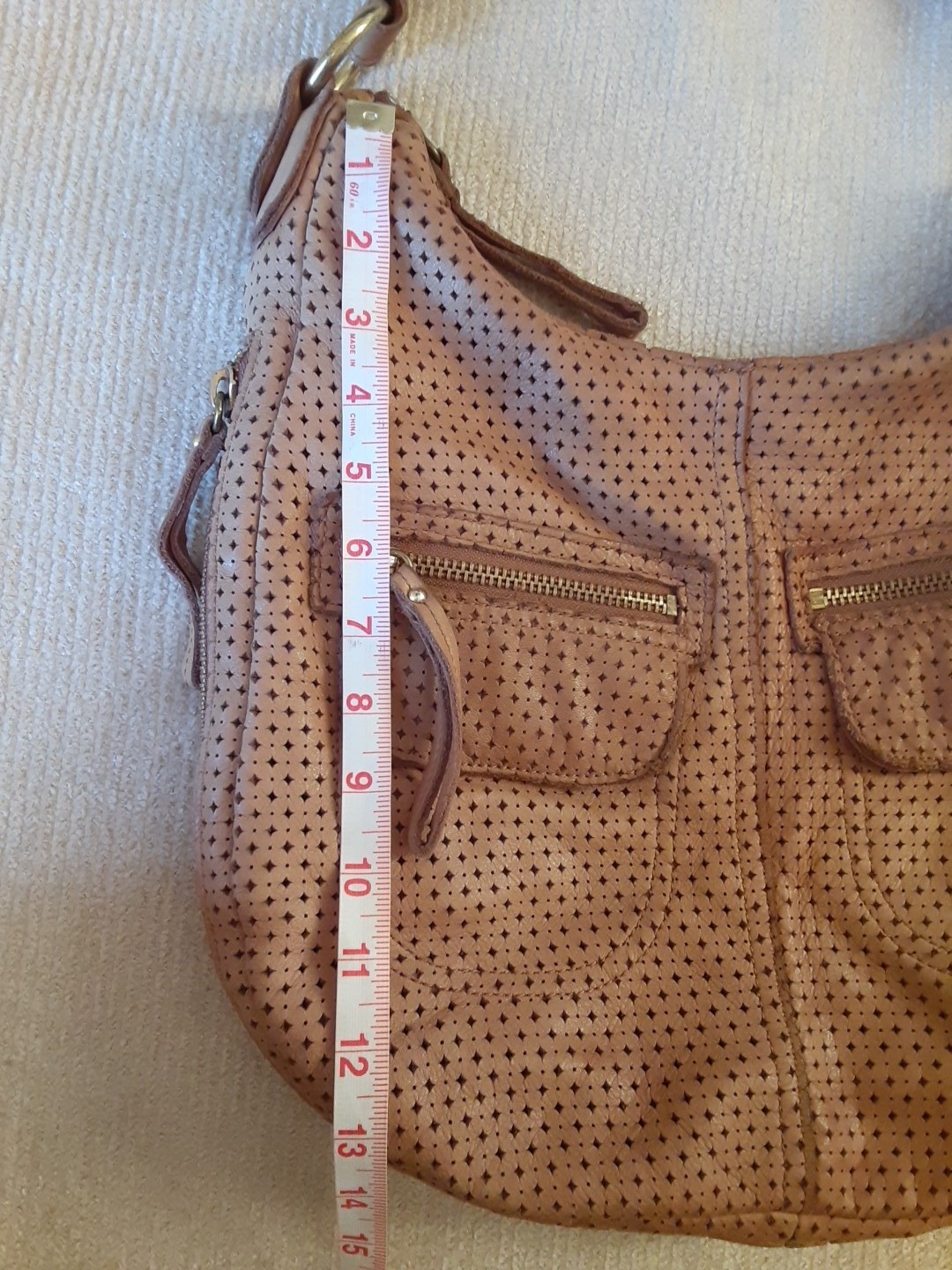 Linea Pelle Collection Hobo Tan Beige Leather Large Shoulder Handbag Perforation