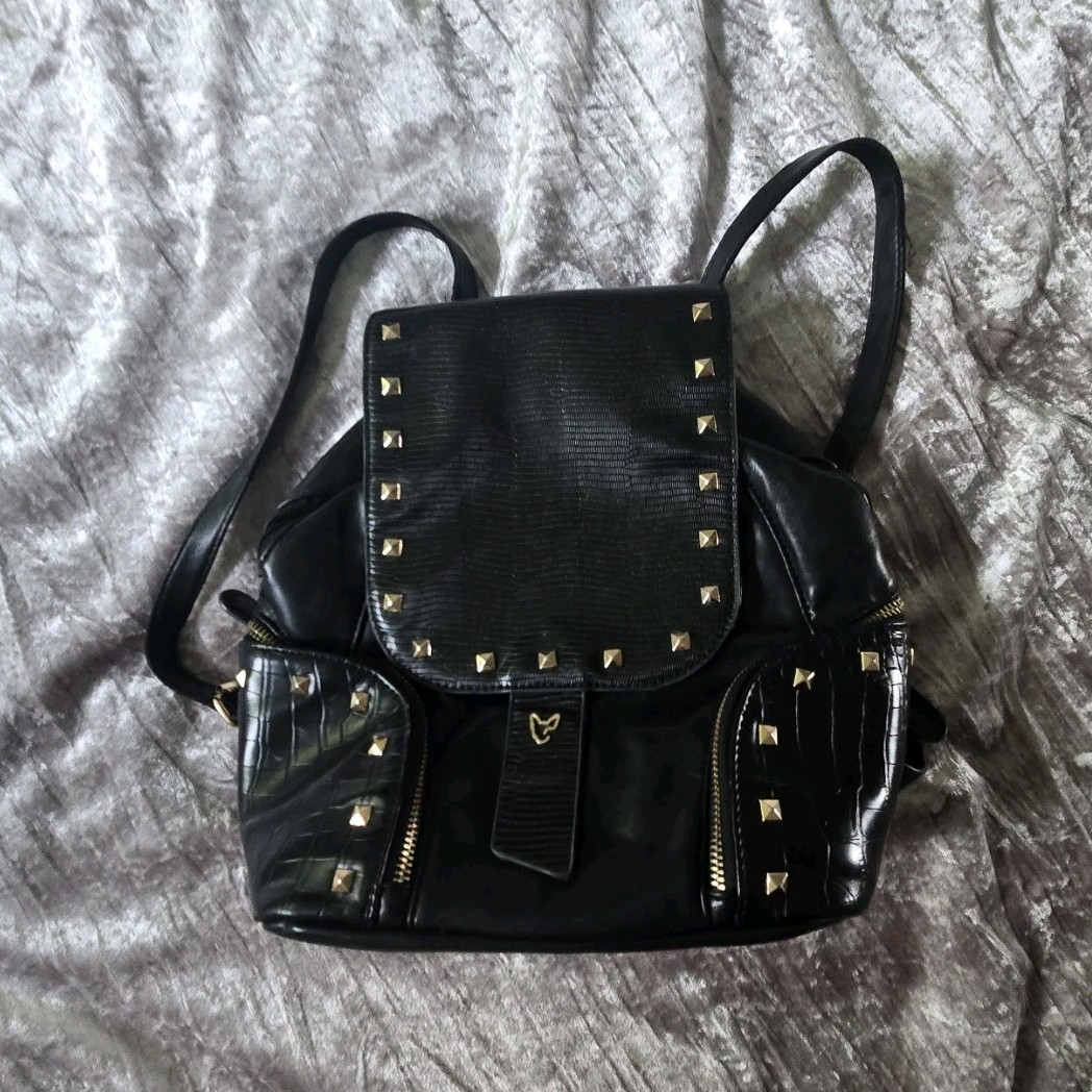 Femestage Eva Minge Women’s Black Studded Backpack Gold Hardware, Zip/Snap,