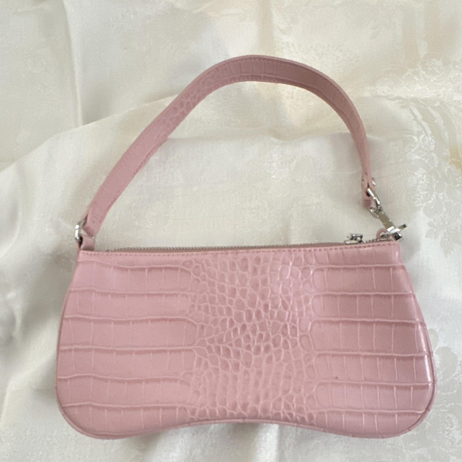 MBI Pink Crocodile Embossed Shoulder Bag Silver Hardware Zip Inner Pockets