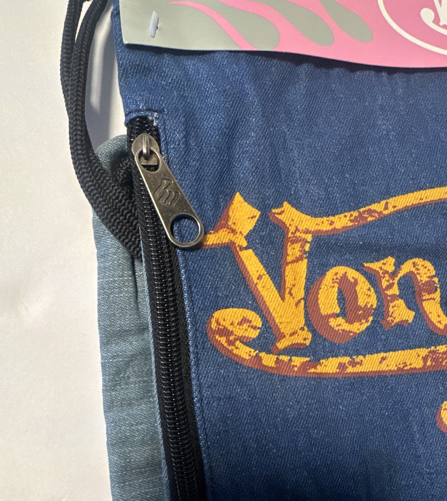 Von Dutch Blue Denim Drawstring Bag Logo Print Zip Pocket Black Cord Strap