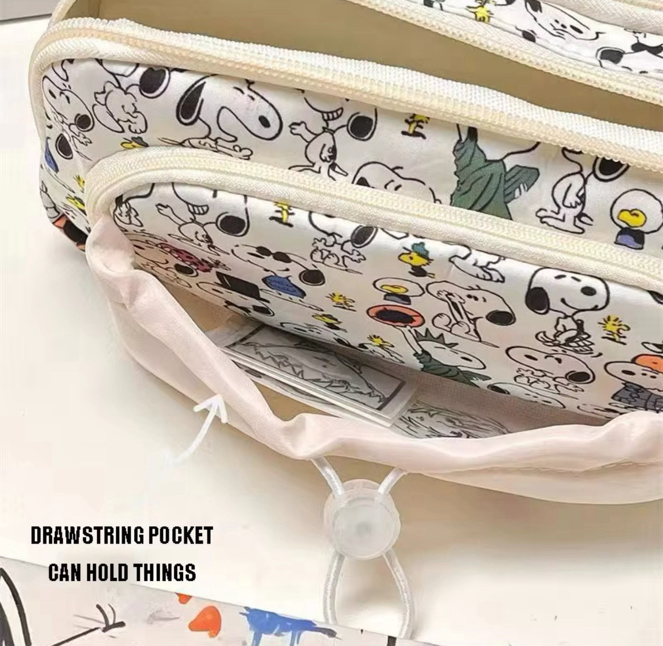 New! Snoopy Drawstring Large Capacity Multi-Layer PENCIL Case Students Makeup