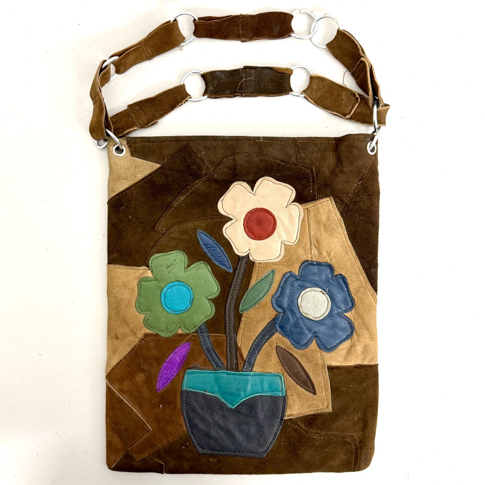 Vintage Spain Suede Leather Patchwork Floral Shoulder Bag Boho Hippie Tote