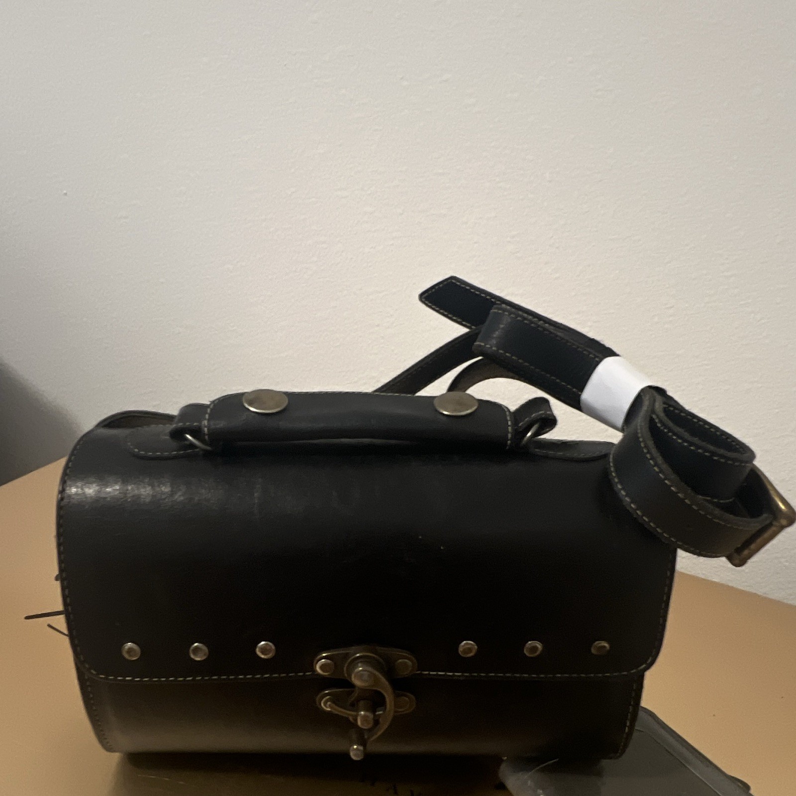 Black Studded Shoulder Bag, Turn Lock Flap, Detachable Strap, Silver Hardware