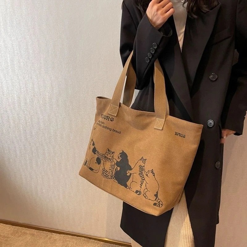 Women’s Canvas Tote Bag Large Shoulder Bag Zipper Work Handbag Fashionable V2