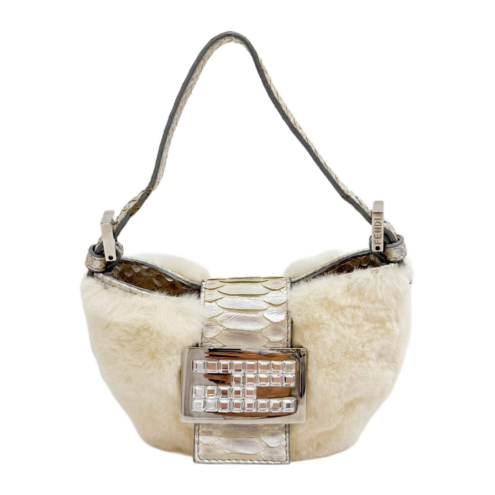 FENDI Mini Croissant Cream Rabbit Fur Hand Bag