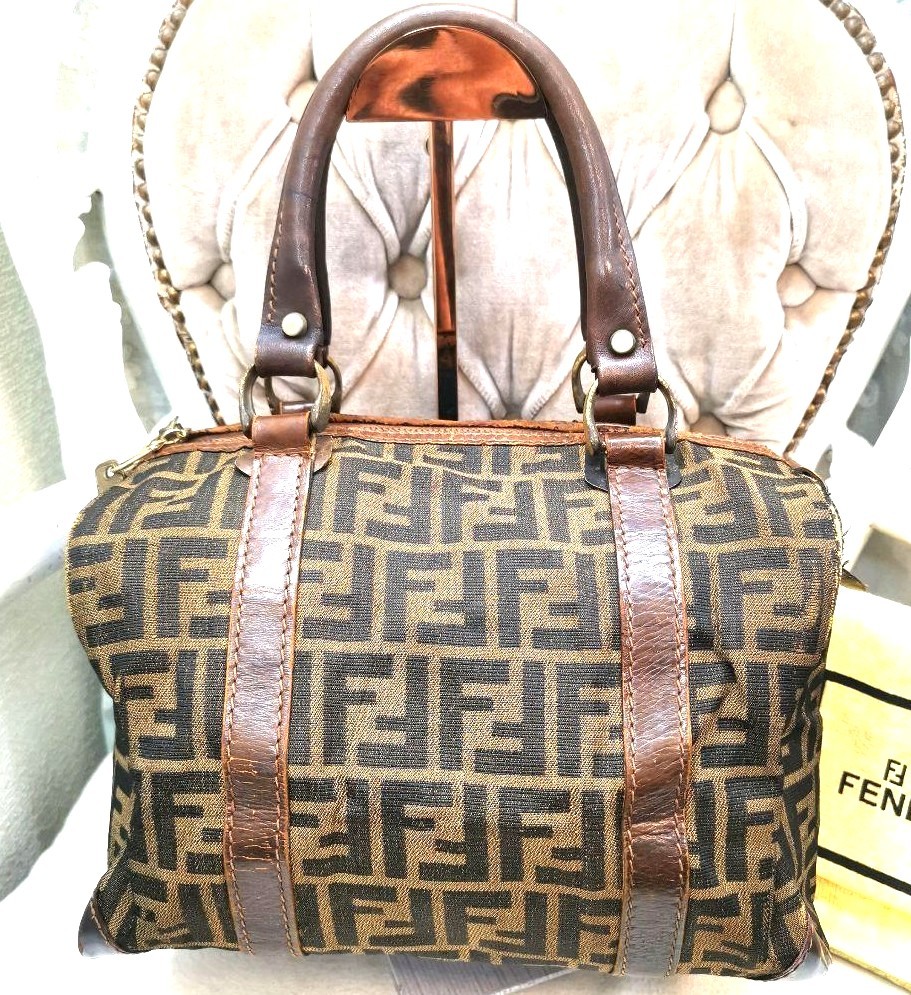 FENDI Zucca FF Monogram Boston Handbag Brown Canvas Leather Vintage Italy 28cm