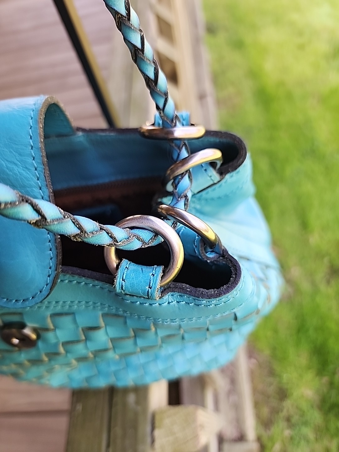 Patricia Nash Teal Leather Iverna LTD 146/300 Discovery Collection Bucket Weave