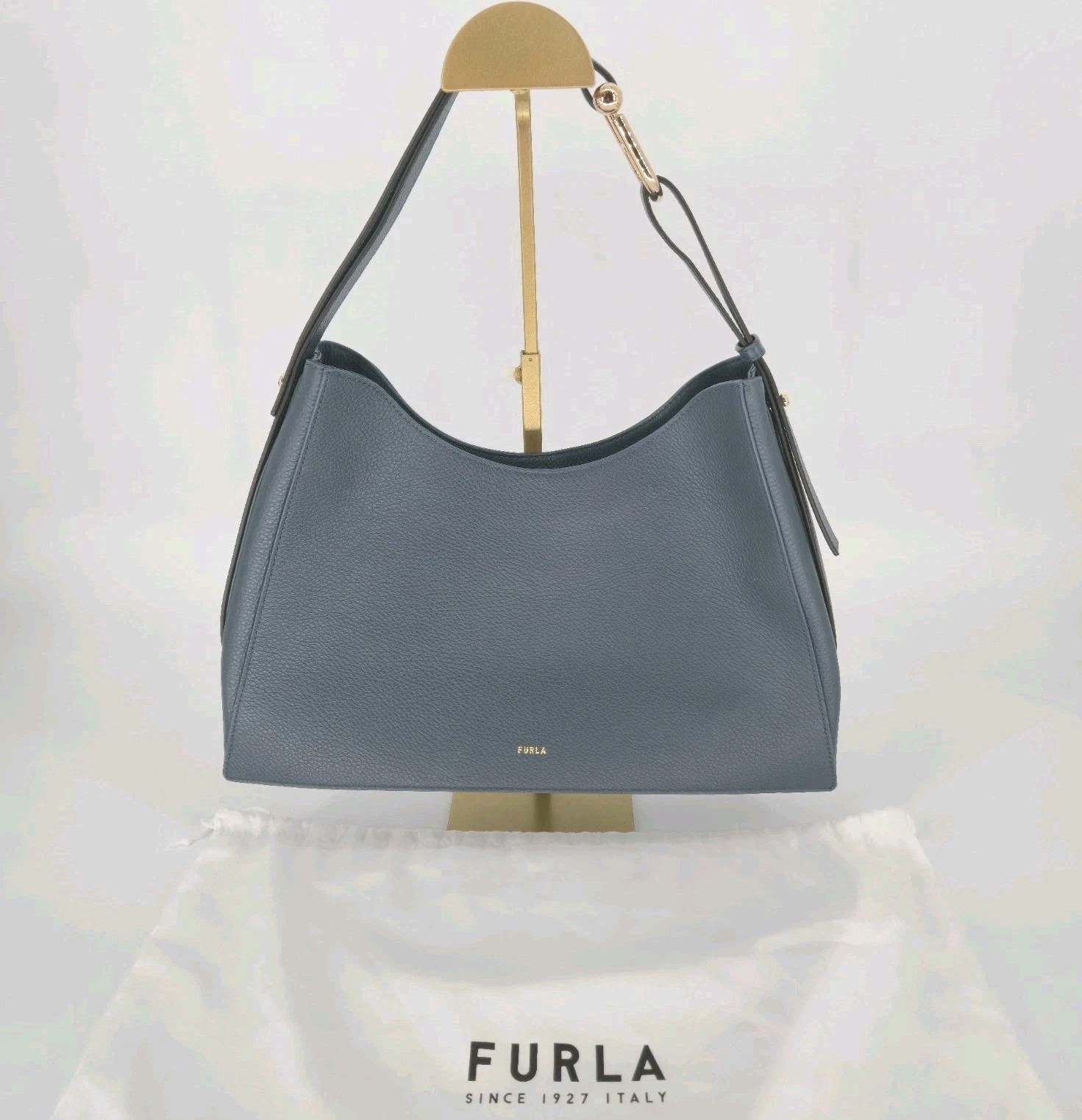 Furla Nuvola Medium Hobo Shoulder Bag Blue Pebbled Leather Gold Hardware Purse E
