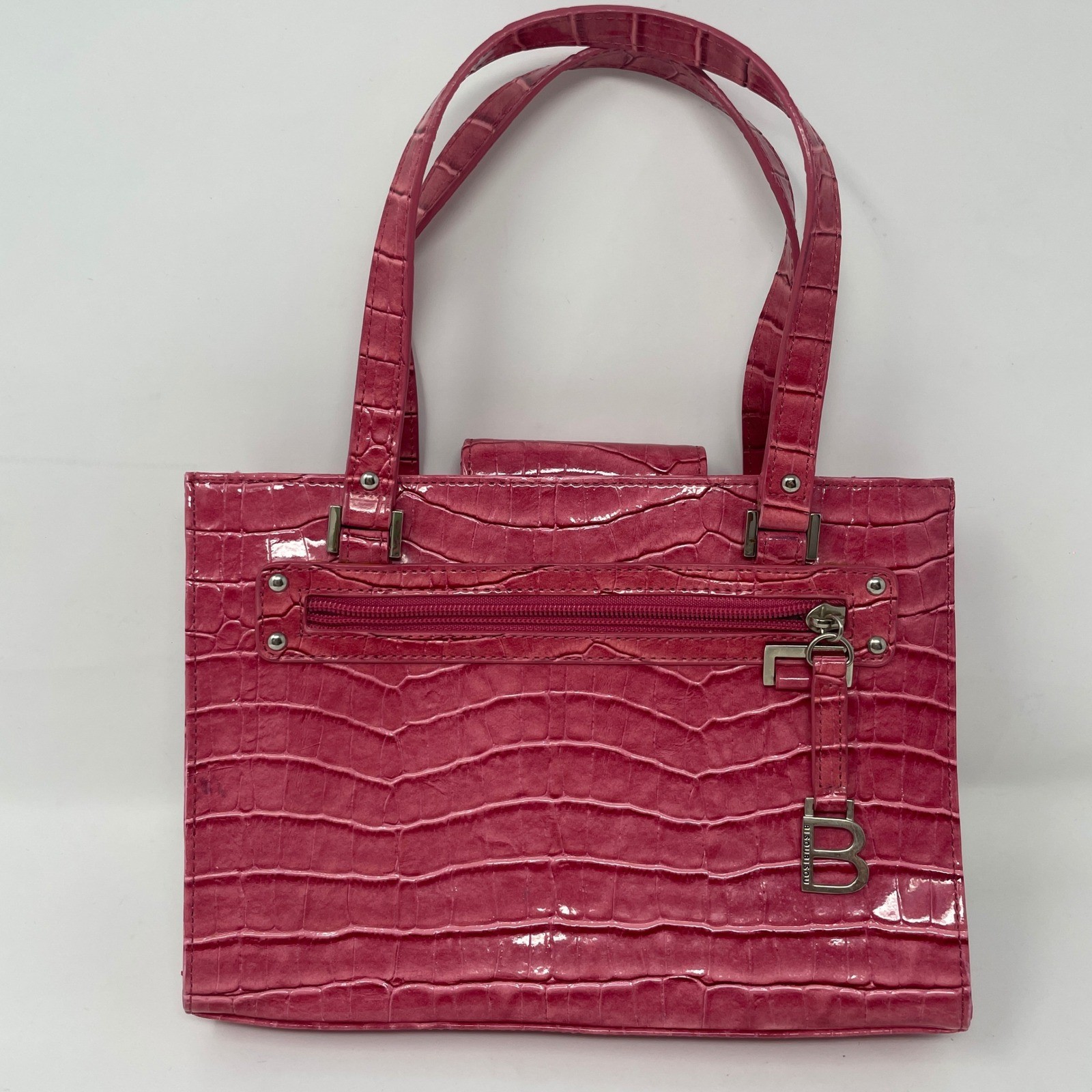 Bisou Bisou Pink Croc Embossed Patent Faux Leather Shoulder Bag Y2K B Logo Charm