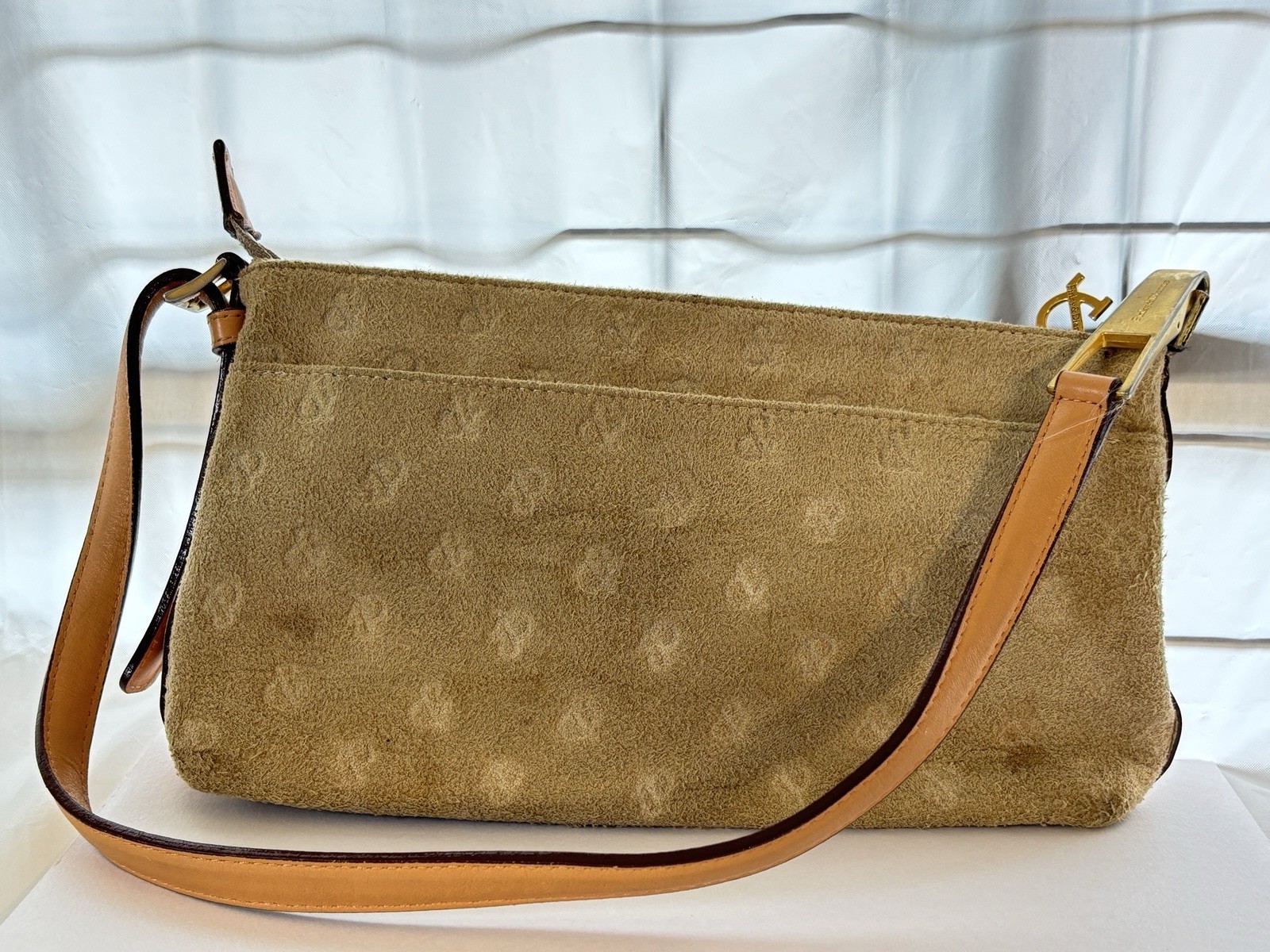 Pinky & Dianne Beige Suede Shoulder Bag Monogram Leather Strap Women’s Japan