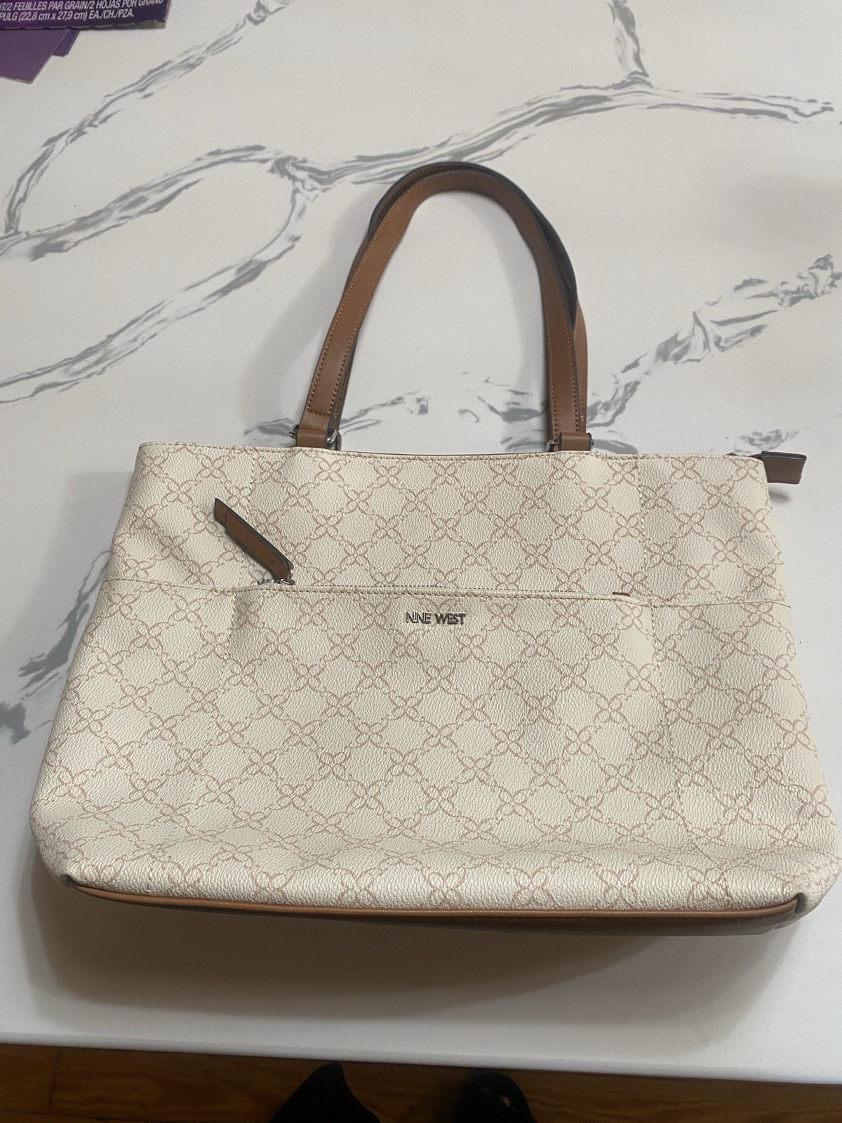 Nine West Beige Monogram Print Tote Bag Brown Handles & Bottom Zip Pouch & Top