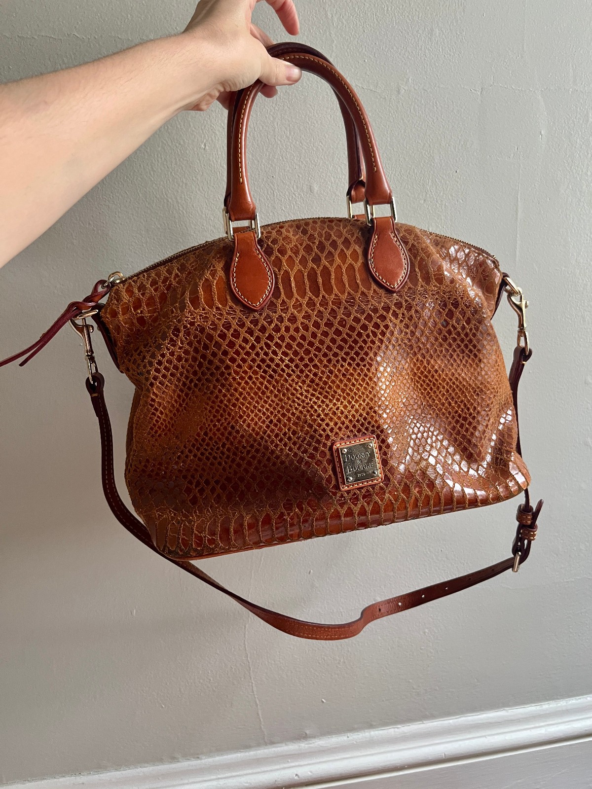 Dooney & Bourke Warm Brown Leather Snake Skin Zip Satchel Handbag w/strap