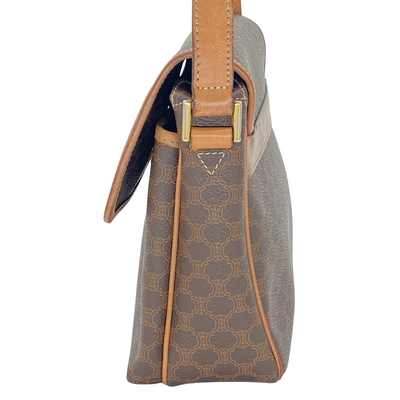 CELINE Vintage Shoulder Bag Macadam Circle Hardware PVC Leather Brown Authentic