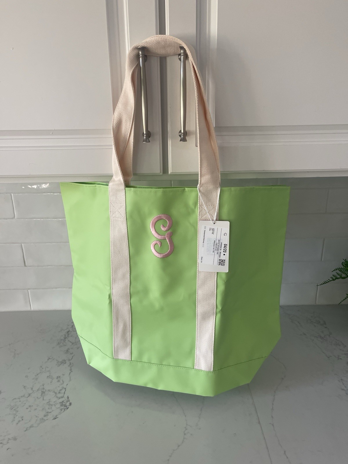 MARLEYLILLY waterproof green pool/ beach tote Monogrammed with the letter “g”
