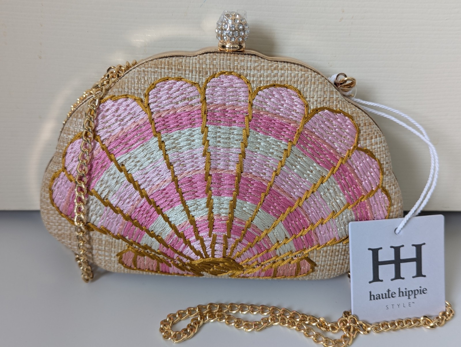 Haute Hippie Pink Shell Clutch Purse NWT Gold Chain Straw Beach Resort Bag