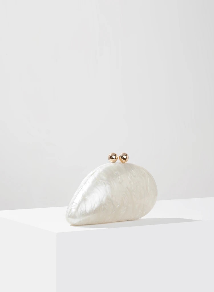Ivory Pearl Shell Clutch Acrylic Evening Bag Wedding Party Chain Purse