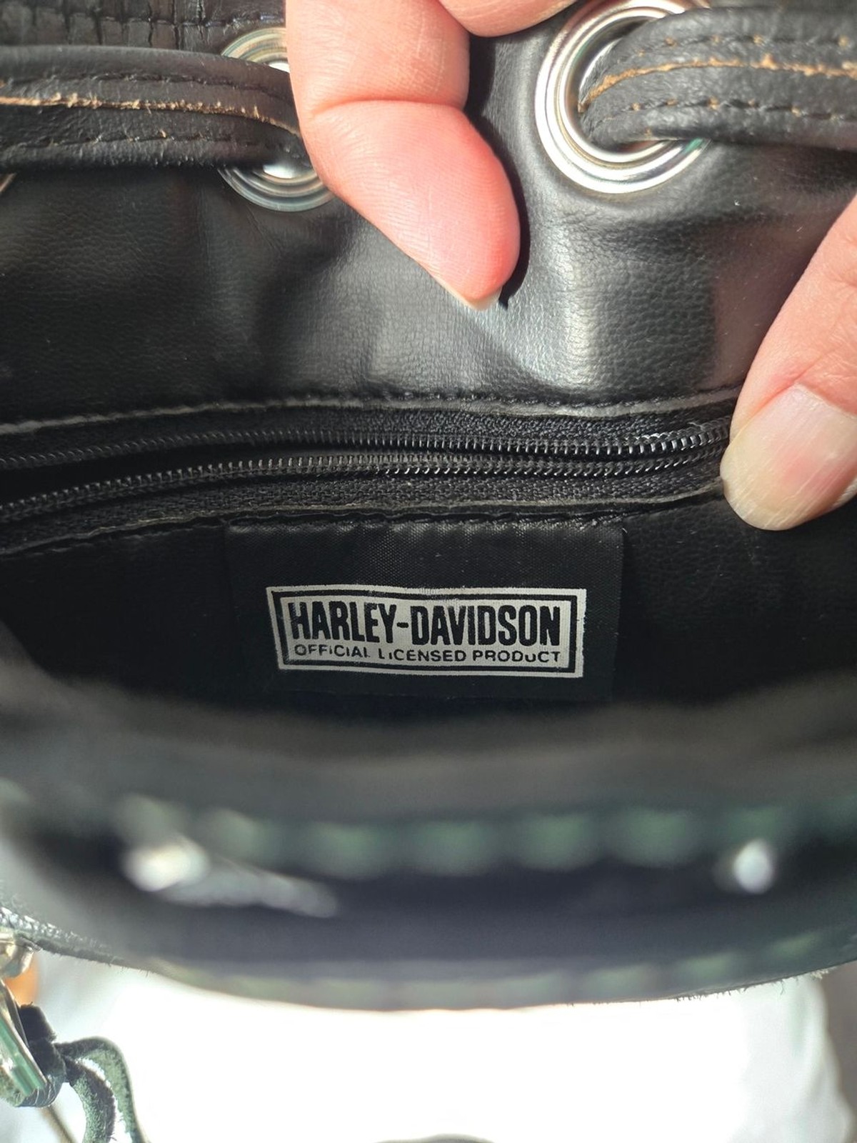 Vintage Y2K Harley-Davidson Black Leather Studded Drawstring Crossbody Bag